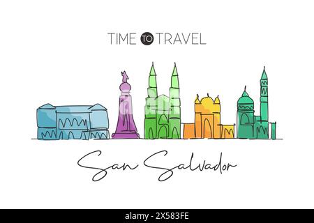 Einzelne durchgehende Linie mit der Skyline von San Salvador, El Salvador. Berühmte Stadtlandschaft. World Travel Destination Concept Wohnkultur mit Poster Stock Vektor