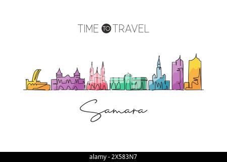 Eine durchgehende Linie zeichnet die Skyline der Stadt Samara, Russland. Wunderschönes Wahrzeichen Wohnwand Dekor Posterdruck. Weltlandschaftstourismus Reiseurlaub. Stall Stock Vektor