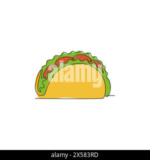 Eine einzelne Linie Zeichnung der frischen mexikanischen Taco-Logo-grafischen Vektor-Illustration. Fast Food Mexico Café Menü und Restaurant Badge Konzept. Moderne Verbindung Stock Vektor