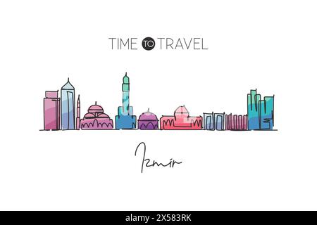 Eine durchgehende Linienzeichnung der Skyline der Stadt Izmir, Türkei. Wunderschöne Postkarte mit Wahrzeichen. Weltlandschaftstourismus und Reiseurlaub. Editierbar elegant Stock Vektor