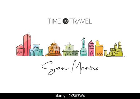 Einzelne durchgehende Linie, die die Skyline der Stadt San Marino, San Marino zeichnet. Berühmte Stadt-Kratzer-Landschaft. Postkarte zum Weltreiseziel. Bearbeitbare Kontur Stock Vektor