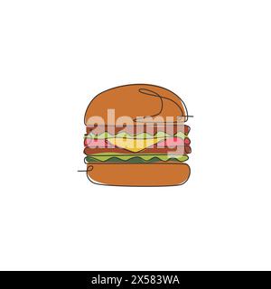 Eine durchgehende Linienzeichnung mit frischem, leckerem amerikanischem Cheeseburger-Restaurant-Logo. Fastfood Burger Café Shop Logotype Template Konzept. Modus Stock Vektor