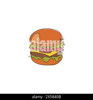 Einzelnes, durchgehendes Etikett mit amerikanischem Burger-Logo. Emblem Fast Food Sandwich Restaurant Konzept. Moderne einzeilige Zeichnung Design Grafik Vektor il Stock Vektor