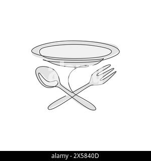 Stilisierte Platte, Gabel und Löffel für Café-Logo-Etikett mit einer durchgehenden Linienzeichnung. Emblem elegantes Restaurantkonzept. Modernes einzeiliges Design mit Zugmuster Stock Vektor