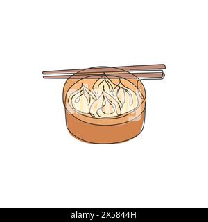 Eine durchgehende Linienzeichnung mit dem Logo des Restaurants mit frischem, leckerem chinesischem Knödel. Konzept für die Vorlage des Logos für asiatische Cafés. Modernes Einzelzimmer Stock Vektor
