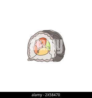 Einzelne durchgehende Linienzeichnung mit stilisiertem japanischem Maki-Sushi-Bar-Logo. Emblem Fresh Food Restaurant Konzept. Modernes einzeiliges Design vecto Stock Vektor