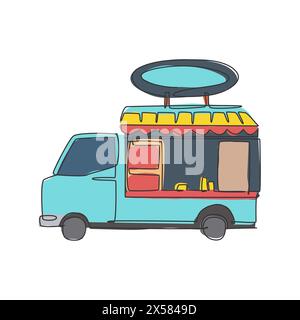 Eine einzeilige Zeichnung der trendigen Imbisswagen-Logo-Vektorgrafik-Illustration. Mobiles Fast-Food-Café-Menü und Restaurant-Badge-Konzept. Modernes Kontinuum Stock Vektor