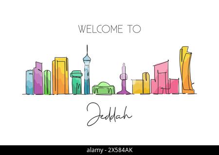 Eine durchgehende Linienzeichnung der Skyline von Dschidda, Saudi-Arabien. Wunderschöner Postkartendruck mit Wahrzeichen. Weltlandschaftstourismus Reiseurlaub. Stilvoll Stock Vektor