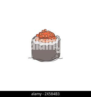 Eine durchgehende Linienzeichnung mit frischem, leckerem japanischem Gunkan Maki Restaurant Logo Emblem. Japanisches Sushi-Meeresfrüchte-Café-Shop-Logo-Vorlage-Konzept. Stock Vektor