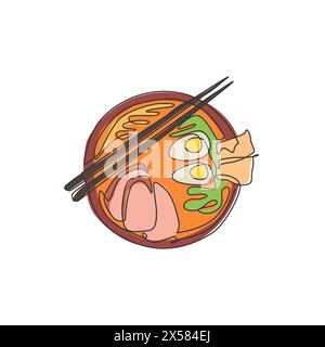 Einzelne durchgehende Linienzeichnung mit stilisiertem japanischem Ramen-Logo, Draufsicht. Fast Food Nudel Restaurant Konzept. Modernes einzeiliges Design vecto Stock Vektor