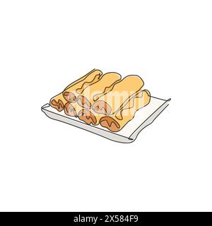 Einzelne durchgehende Linienzeichnung mit stilisiertem chinesischem Frühlingsrollen-Logoetikett. Asiatisches Snack-Restaurant-Menü-Konzept. Moderner einzeiliger Entwurf Vektor Stock Vektor