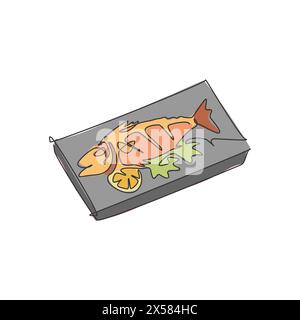 Eine einzelne Linie Zeichnung von frischem leckerem leckerem gebackenem Lachsfisch auf der heißen Platte Logo Vektor Illustration. Meeresfrüchte-Café-Menü und Restaurant-Badge-Conce Stock Vektor