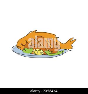 Stilisiertes Logo für gebackenen Seefisch mit einer durchgehenden Linienzeichnung. Restaurant mit gegrilltem Fisch und Meeresfrüchten. Moderne einzeilige Zeichnung Design Vektor Grafik illu Stock Vektor