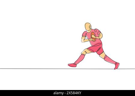 Eine einzelne Zeilenzeichnung eines jungen energetischen Rugbyspielers, der läuft und Ball hält, Vektor-Illustration. Gesundes Teamwork-Sportkonzept. Moderner Continuou Stock Vektor