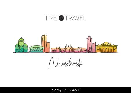 Eine durchgehende Linie zeichnet die Skyline der Stadt Nowosibirsk, Russland. Wunderschönes Wahrzeichen im Wohnkultur-Poster. Weltlandschaftstourismus Reiseurlaub. Stall Stock Vektor