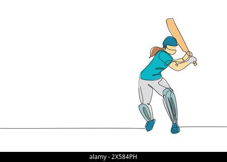 Einzelne durchgehende Linienzeichnung einer jungen agilen Cricketspielerin, die steht, um ihre Geschicklichkeitsvektor-Illustration zu üben. Sportübungskonzept. Trendig Stock Vektor