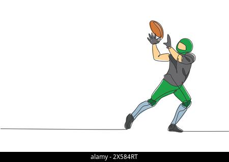 Eine durchgehende Linie, die den jungen american-Football-Spieler zieht, der den Ball von seinem Teamkollegen für das Wettbewerbsposter fängt. Sportliches Teamwork-Konzept. Dynamisches Si Stock Vektor