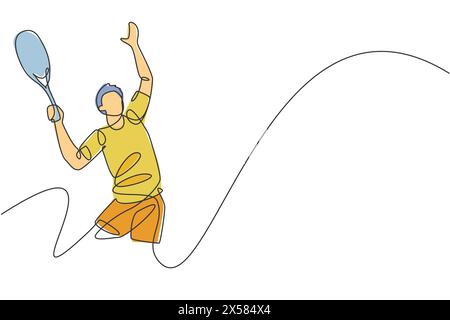 Eine durchgehende Linienzeichnung eines jungen, glücklichen Tennisspielers, der den Ball serviert. Leistungssportkonzept. Dynamisches einzeiliges Zeichnen Design Vektorgrap Stock Vektor