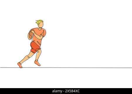 Eine einzelne Linienzeichnung eines jungen energischen Rugbyspielers, der die grafische Illustration des Ballvektors hält und läuft. Gesundes Sportkonzept. Moderne Verbindung Stock Vektor