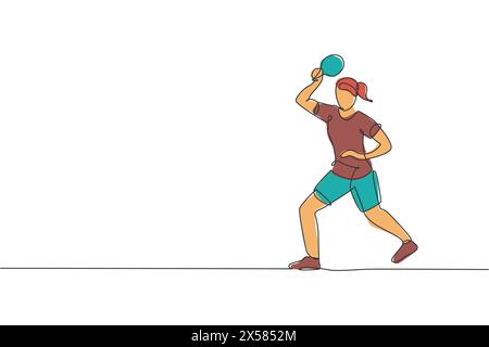 Eine durchgehende Linienzeichnung einer jungen Tischtennisspielerin, die den Ball zurück zum Rivalen dreht. Leistungssportkonzept. Entwurfsvektor für einzelne Linien Stock Vektor