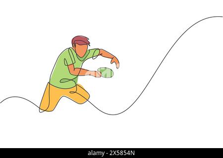 Eine durchgehende Linienzeichnung sportlicher Mann Tischtennisspieler steht für den Ball des Gegners. Leistungssportkonzept. Einzeilige Grafik mit Zugmuster Stock Vektor