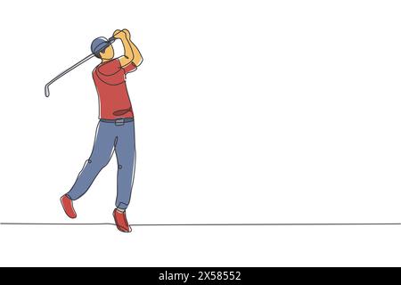 Eine einzelne Linie Zeichnung von jungen sportlichen Golfspieler traf den Ball mit Golfschläger Grafik Vektor Illustration. Gesundes Sportkonzept. Modern und kontinuierlich Stock Vektor