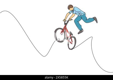 Einzelne durchgehende Linienzeichnung eines jungen BMX-Radfahrers, der in den Lufttrick im Skatepark springt. BMX-Freestyle-Konzept. Design-Vect mit einer Linie Stock Vektor