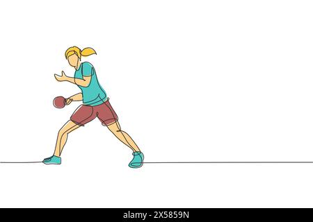 Einzelne Linienzeichnung einer jungen, wendigen Tischtennisspielerin dient dem Ball. Sportübungskonzept. Trendige einzeilige Zeichnung Design Vektor Ill Stock Vektor
