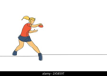 Einzelne Linienzeichnung einer jungen, agilen Tischtennisspielerin schlug den Ball. Sportübungskonzept. Trendige einzeilige Zeichnung Design Vektor illus Stock Vektor