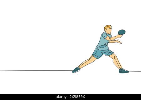Eine durchgehende Linienzeichnung des jungen Sportmanns Tischtennisspielers hält den gegnerischen Ball. Leistungssportkonzept. Entwurfsvektor für einzelne Linien Stock Vektor