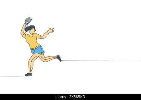 Eine durchgehende Linienzeichnung einer jungen, sportlichen Tischtennisspielerin, die aktiv ist, um den Ball zu fangen. Leistungssportkonzept. Einzeiliges Zugdesign VEC Stock Vektor