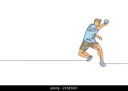 Eine durchgehende Linienzeichnung des jungen Sportmanns Tischtennisspielers hält den gegnerischen Ball. Leistungssportkonzept. Entwurfsvektor für einzelne Linien Stock Vektor