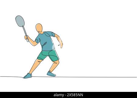 Eine einzelne Linienzeichnung des jungen energetischen Badmintonspielers, der springt und Shuttlecock-Vektor-Illustration zertrümmert. Gesundes Sportkonzept. Moderner Continuou Stock Vektor