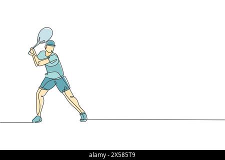 Eine durchgehende Linienzeichnung junger glücklicher Tennisspieler konzentriert sich auf den Ball. Leistungssportkonzept. Dynamisches einzeiliges Zugdesign vecto Stock Vektor