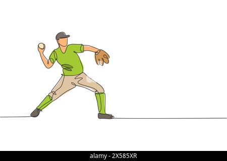 Eine einzelne Zeilenzeichnung des jungen energetischen Mannes Baseballspielers üben, die Ball-Vektor-Illustration zu werfen. Sporttrainingskonzept. Moderner Continuo Stock Vektor