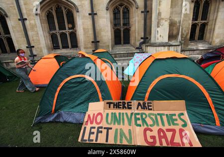 Studenten und ihre Unterstützer hinterlassen ein Schild mit der Aufschrift „es gibt keine Universitäten mehr in Gaza“, das sich vor ihren Zelten vor dem Kings College ruht. Vor dem King's College in Cambridge wurde ein Protestlager zur Unterstützung Palästinas eingerichtet. Die Besatzungsmitglieder des Lagers rufen die Universität auf, eine ethische Prüfung durchzuführen, alle Investitionen einzustellen, Stiftungen Forschungskooperationen mit allen Organisationen, die an der israelischen Besetzung Palästinas und dem Völkermord in Gaza mitschuldig sind, werden zu einer Uni of Sanctuary für palästinensische Flüchtlinge und unterstützen palästinensische Studenten und Akademiker. Demonstranten A Stockfoto