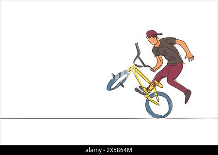 Eine einzelne Linie Zeichnung des jungen bmx Fahrradfahrers, der Freestyle Trick auf Straße Vektor Illustration. Extreme Sport-Konzept. Modern durchgehend Stock Vektor