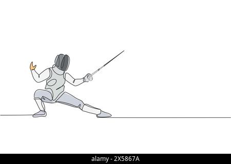Eine durchgehende Linie, die jungen Mann zieht, der Fechten Athleten übt, die auf der Profi-Sportarena kämpfen Stock Vektor