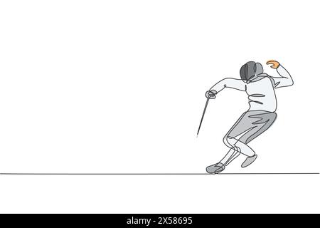 Einzelne durchgehende Linie, die jungen professionellen Fechter Athlet Mann im Fechten konkurrenzfähigen Vektor zeichnet Stock Vektor