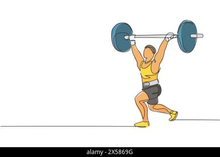 Eine durchgehende Linienzeichnung eines jungen Bodybuildermannes, der im Fitnessstudio mit einer schweren Gewichtsstange Sport macht. Kraftlifter-Zug-Gewichtheben-Konzept. Dynamische s Stock Vektor