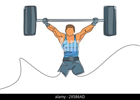 Eine einzelne Linie Zeichnung des fitten jungen Athleten muskulösen Mannes, der Langhanteln hebt, die an einer Gym-Vektor-Illustration trainieren. Gewichtheber, der sich auf traini vorbereitet Stock Vektor