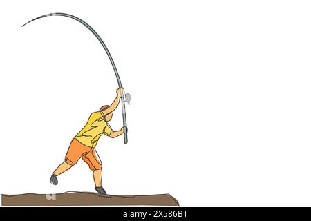 Eine einzelne Linie zeichnet junge glückliche fischer Mann stehend und werfen Fliegenfischen am Fluss Vektor-Grafik Illustration. Urlaubsreisen zum Angeln h Stock Vektor