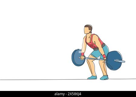 Eine einzelne Linie Zeichnung des fitten jungen Athleten muskulösen Mannes, der Langhanteln hebt, die an einer Gym-Vektor-Illustration trainieren. Gewichtheber, der sich auf traini vorbereitet Stock Vektor