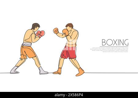 Eine einzelne Linie zeichnet zwei junge energetische Männer Boxer kämpfen bei Event Vektor Illustration Grafik. Sportliches Kampftrainingskonzept. Moderner Continuo Stock Vektor