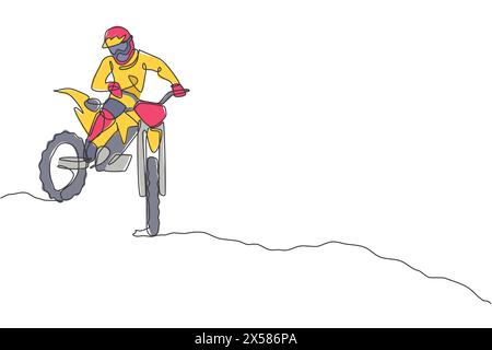 Einzelne durchgehende Linienzeichnung eines jungen Motocross-Fahrers den Berg hinunter mit voller Geschwindigkeit. Extreme Sport Race Konzept Kunst Vektor Illustration. Trendiges One li Stock Vektor