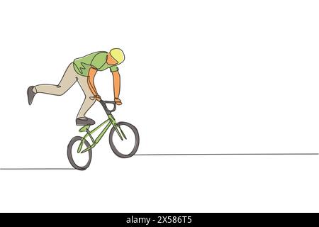 Eine einzelne Linie Zeichnung des jungen bmx Fahrradfahrers, der Freestyle Trick auf Straße Vektor Illustration. Extreme Sport-Konzept. Modern durchgehend Stock Vektor