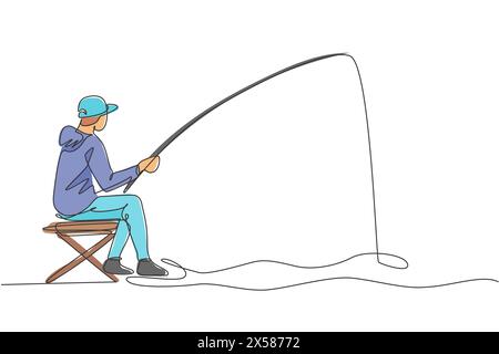 Eine einzelne Linie zeichnet junge glückliche fischer Mann, die sich entspannen und Fliegenfischen am Fluss Vektor Illustration Grafik. Urlaubsreisen zum Angeln Stock Vektor