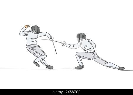 Einzelne durchgehende Linienzeichnung von zwei jungen professionellen Fechter-Athleten in einem Fechtduell in der Arena Stock Vektor