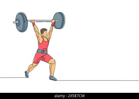 Eine durchgehende Linienzeichnung eines jungen Bodybuildermannes, der im Fitnessstudio mit einer schweren Gewichtsstange Sport macht. Kraftlifter-Zug-Gewichtheben-Konzept. Dynamische s Stock Vektor