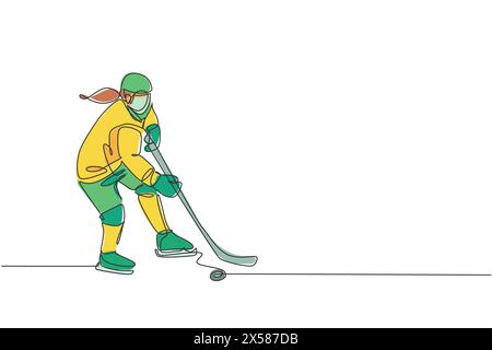 Eine einzelne Linie Zeichnung des jungen Eishockeyspielers in Aktion, um ein konkurrenzfähiges Spiel auf Eislaufstadion Vektorgrafik Illustration zu spielen. Sportturnier Stock Vektor